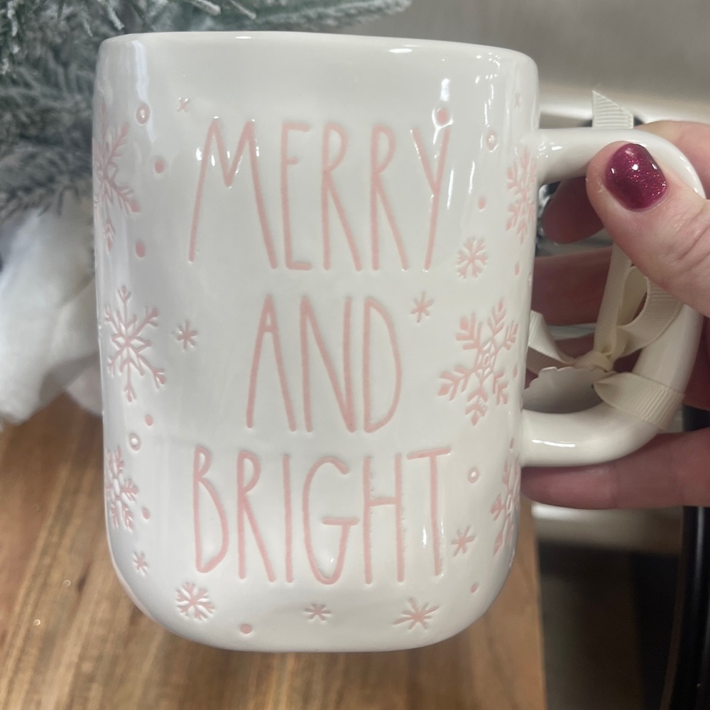 Rae Dunn Pink Christmas Snowflakes Merry & Bright Ceramic Coffee Mug NWT